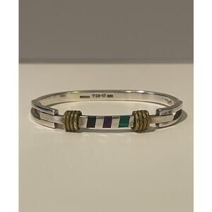 Taxco Mexico Sterling Silver Stone Inlay Hinge Bangle Bracelet